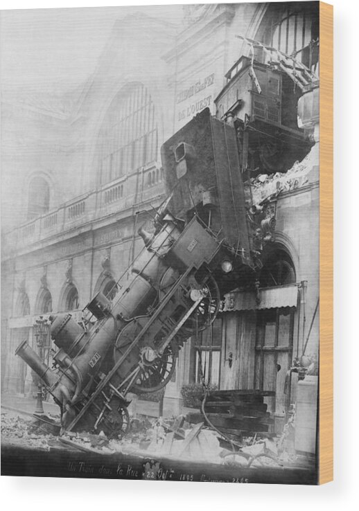 Historic Wood Print featuring the photograph Gare Montparnasse Train Wreck 1895 by Photo Researchers
