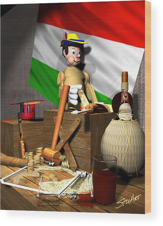 Wine Wood Print featuring the digital art Geppettos Workbench-The Creation of Pinocchio by Stuart Stone