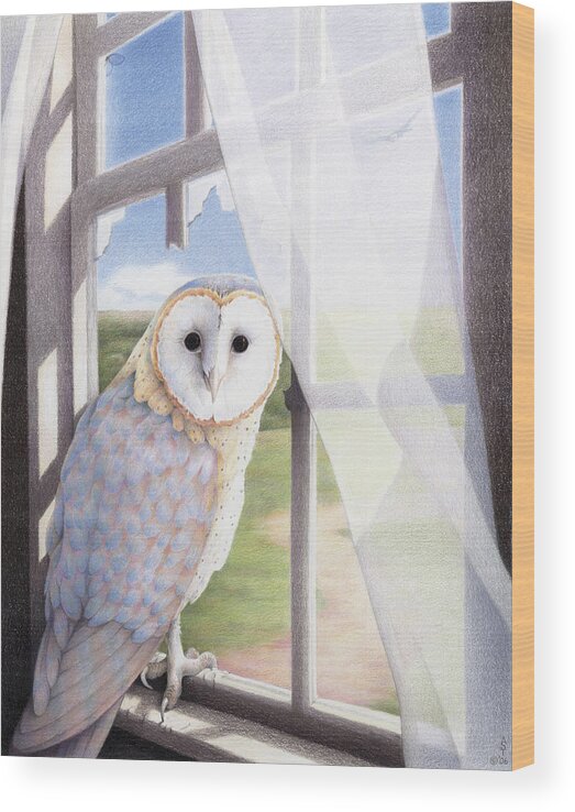 Owl Wood Print featuring the drawing Ghost In The Attic by Amy S Turner