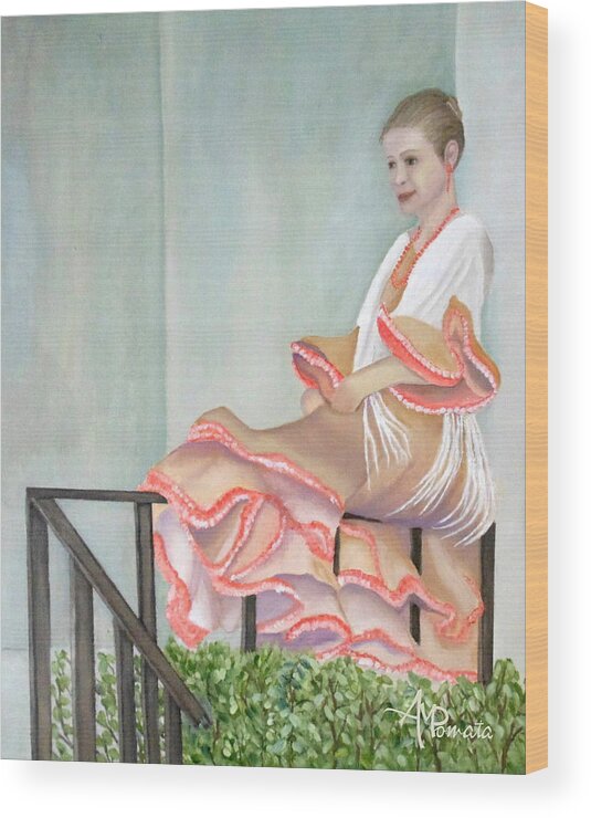 Flamenco Wood Print featuring the painting Girl In Flamenco Dress by Angeles M Pomata