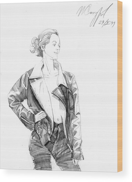 Igor Sakurov Wood Print featuring the drawing Girl in the Leather Jacket by Igor Sakurov