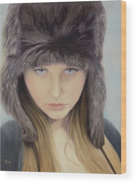 Girl; Fur Hat; Growing Up; Dreaming; Contemplation Wood Print featuring the painting Girl with Fur Hat by Marg Wolf