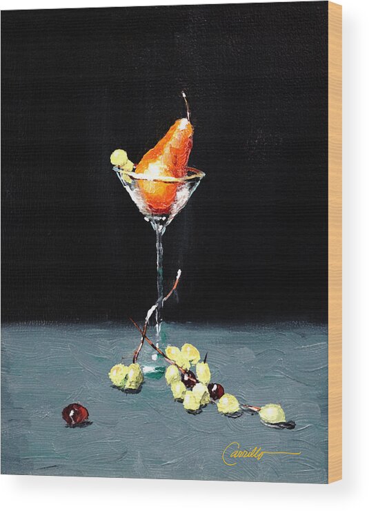 Still Life Of Golden Pear In Martini Glass Surrounded By Grapes Wood Print featuring the painting Golden Pear Martini by Ruben Carrillo