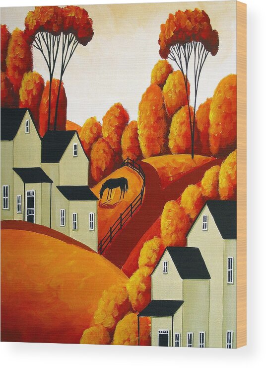 Art Wood Print featuring the painting Golden Time Of Year - folk art landscape by Debbie Criswell