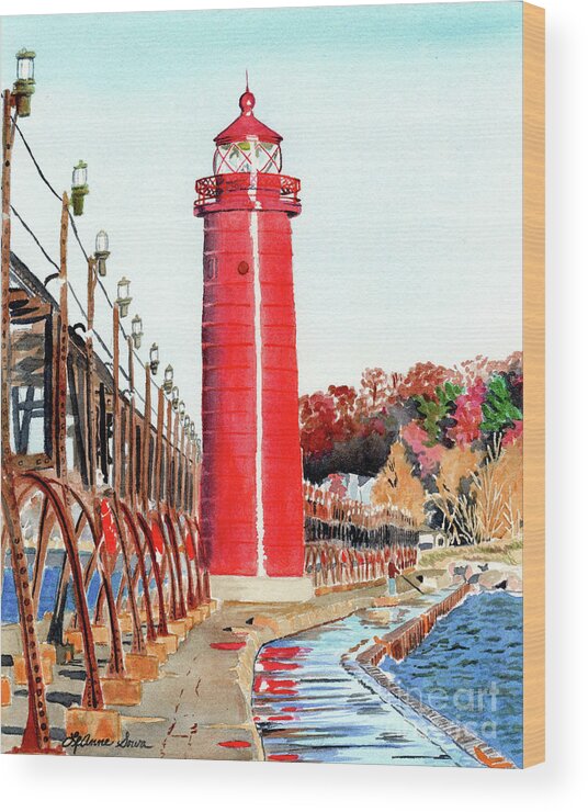 Lighthouse Paintings Wood Print featuring the painting Grand Haven Autumn by LeAnne Sowa