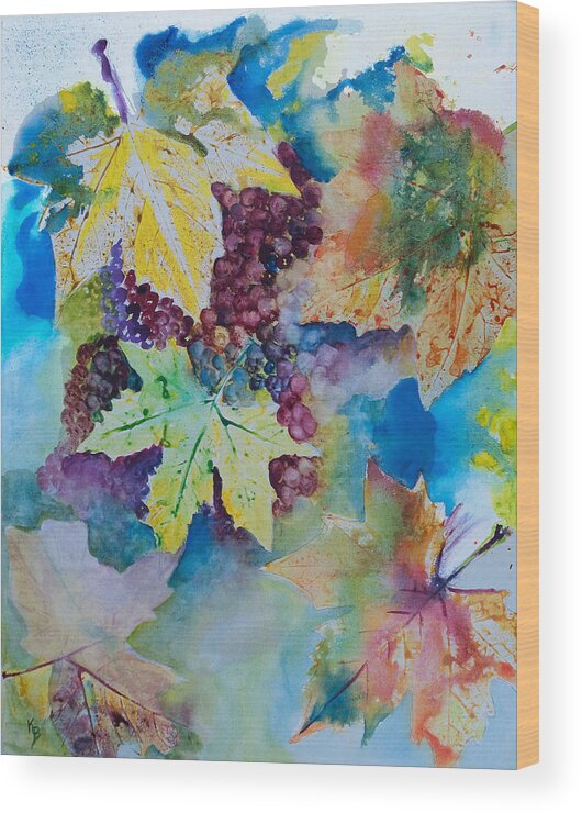 Grapes Wood Print featuring the painting Grapes and Leaves by Karen Fleschler