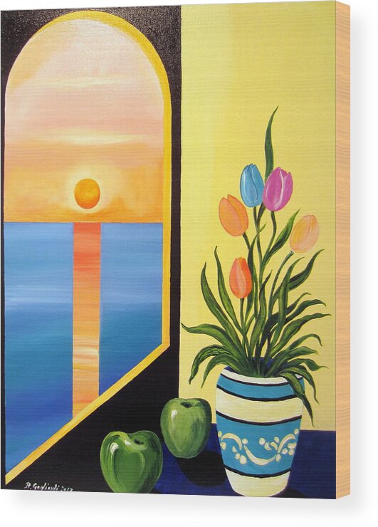 Sunset Wood Print featuring the painting Green apples still life by Roberto Gagliardi