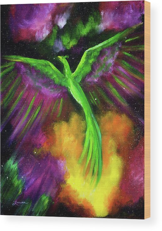 Phoenix Wood Print featuring the painting Green Phoenix in Bright Cosmos by Laura Iverson