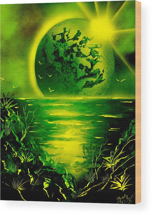 Space Art Wood Print featuring the painting Green Planet 4669 E by Greg Moores