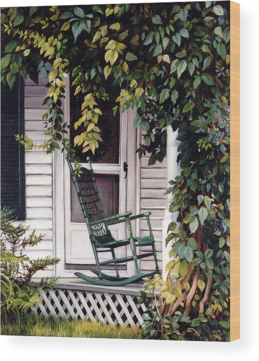 Farmhouse Wood Print featuring the painting Green Rocking Chair by Marie Witte