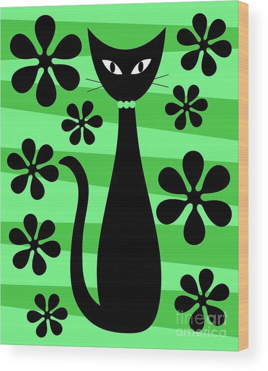 Donna Mibus Wood Print featuring the digital art Groovy Flowers with Cat Green and Light Green by Donna Mibus