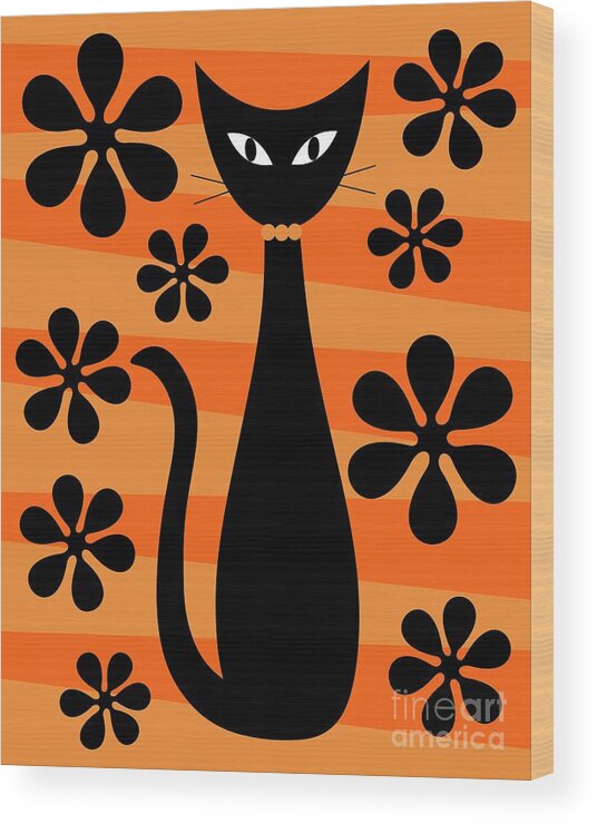 Donna Mibus Wood Print featuring the digital art Groovy Flowers with Cat Orange and Light Orange by Donna Mibus