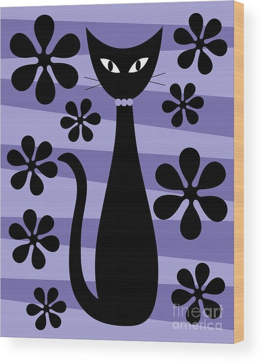 Donna Mibus Wood Print featuring the digital art Groovy Flowers with Cat Purple and Light Purple by Donna Mibus