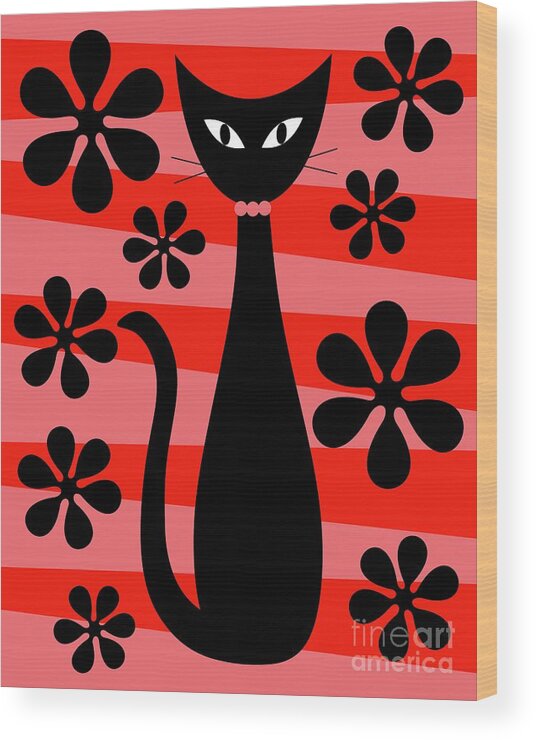 Donna Mibus Wood Print featuring the digital art Groovy Flowers with Cat Red and Light Red by Donna Mibus
