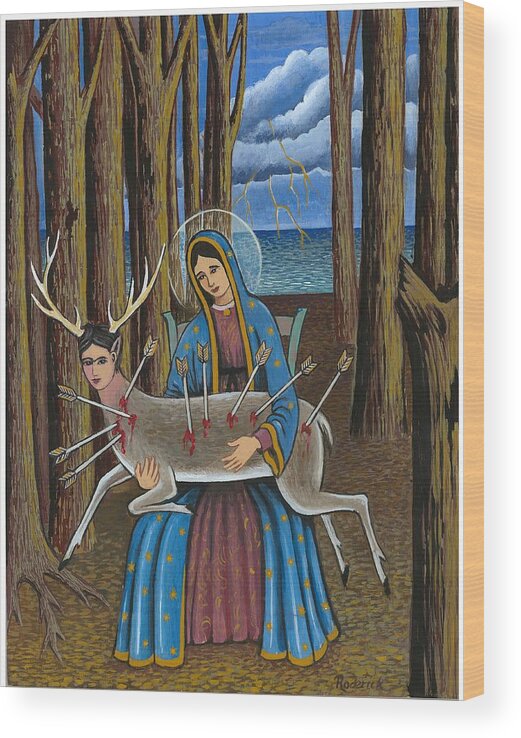 Guadalupe Wood Print featuring the painting Guadalupe visits Frida Kahlo by James RODERICK