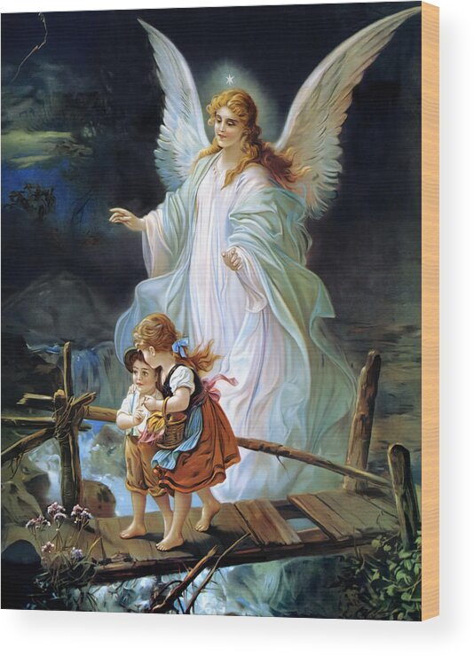 Angel Wood Print featuring the painting Guardian Angel Watching Over Children On Bridge by Lindberg