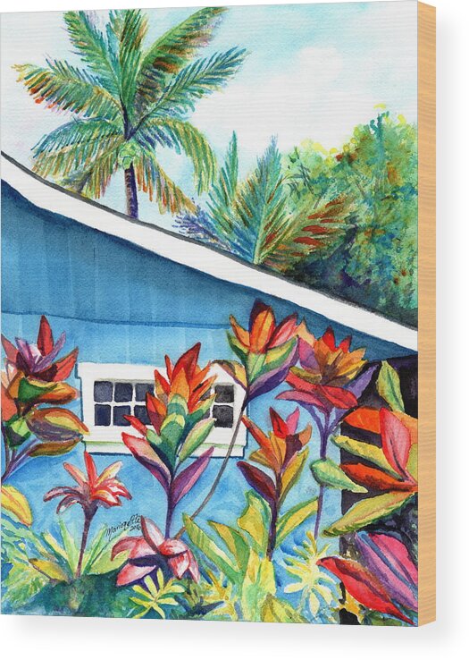 Kauai Fine Art Wood Print featuring the painting Hanalei Cottage by Marionette Taboniar