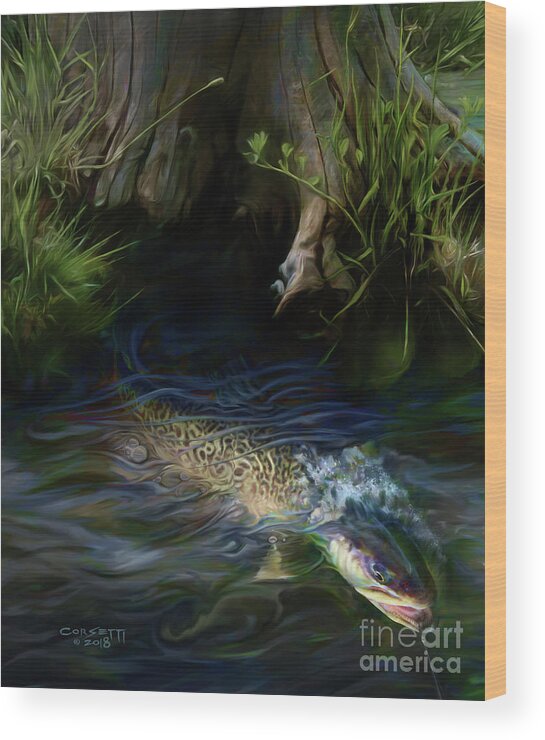 Fishing Wood Print featuring the painting Hanging On to a Tiger by Robert Corsetti