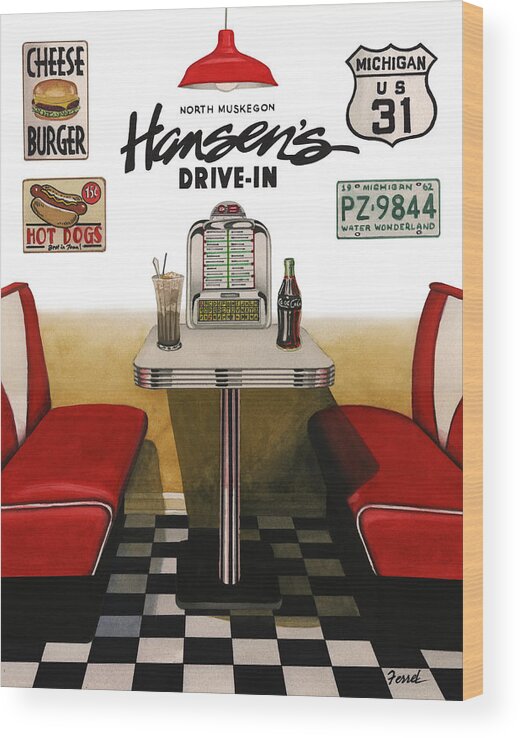 Diner Wood Print featuring the painting Hansen's Drive-In by Ferrel Cordle