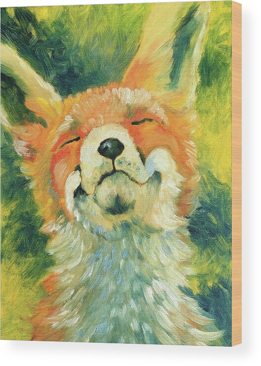 Fox Wood Print featuring the painting Happy Fox by AnneMarie Welsh