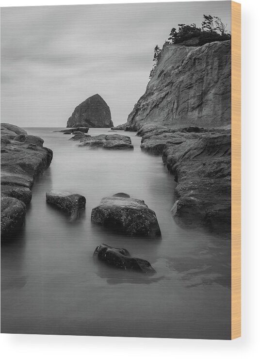 Oregon Wood Print featuring the photograph Haystack Rock in BW by Jedediah Hohf