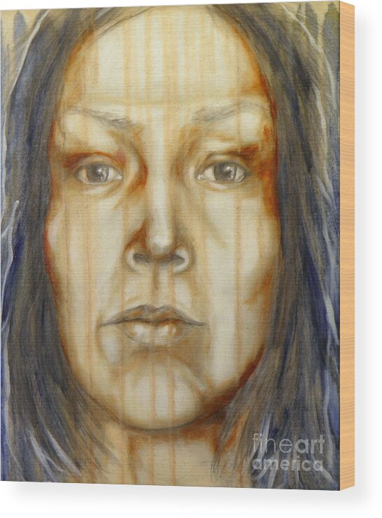 Portrait Female Woman Girl Eyes Nose Mouth Chin Neck Hair Dark Light Blue Black Burnt Sienna White Yellow Stare Wood Print featuring the painting Hello Darkness by Ida Eriksen