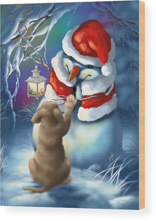 Christmas Wood Print featuring the painting Here the paw by Veronica Minozzi