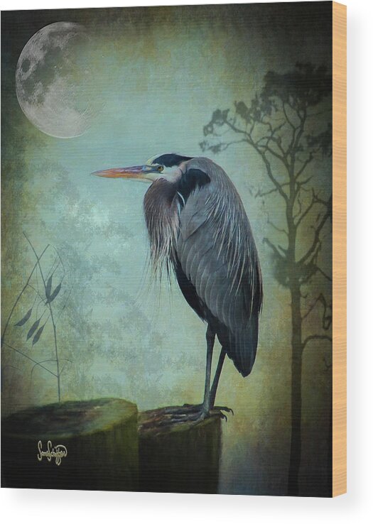 Heron Wood Print featuring the photograph Heron Moon by Sandra Schiffner