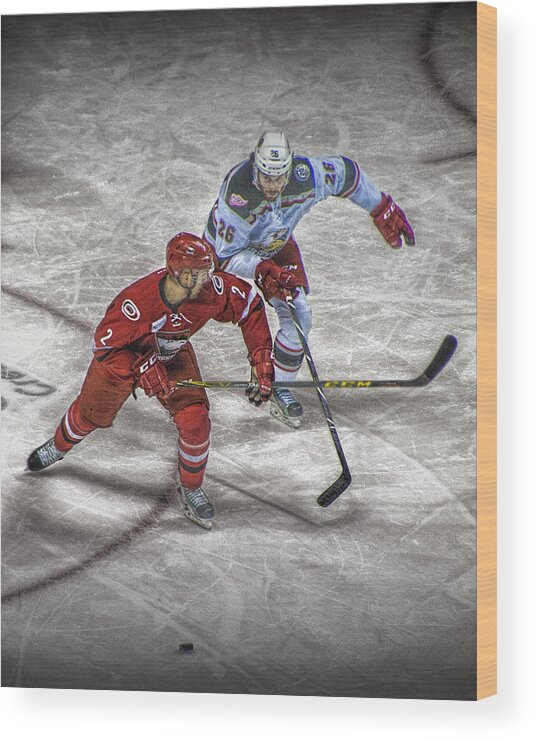 Ice Wood Print featuring the photograph Hockey Players battling it out over the Puck by Randall Nyhof