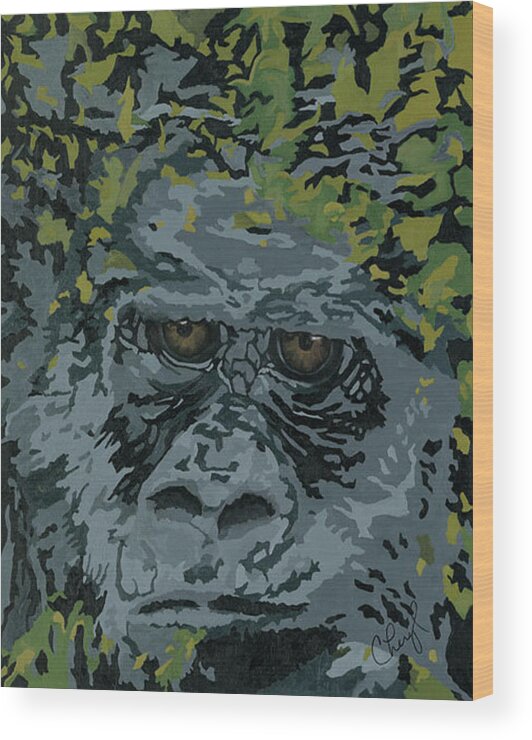 Gorilla Wood Print featuring the painting Hooah by Cheryl Bowman