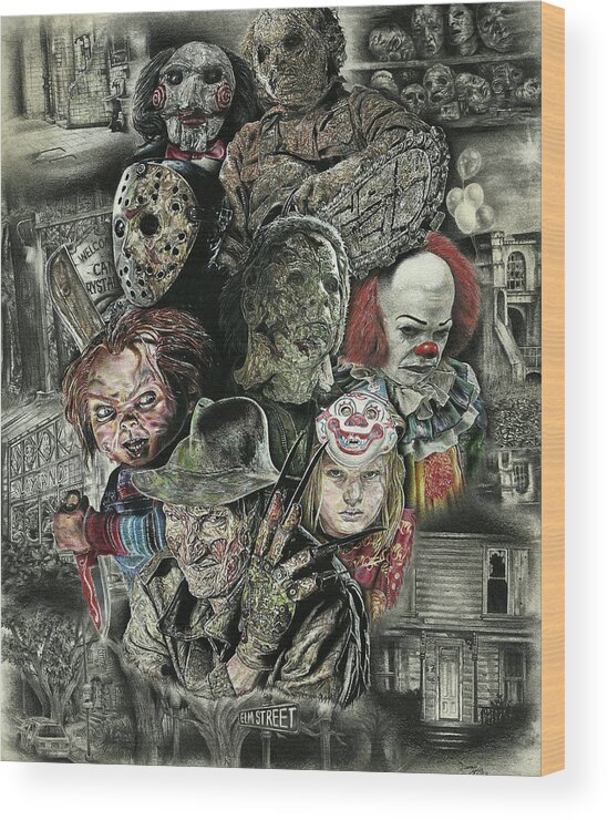 Fear Wood Print featuring the drawing Horror Movie Murderers by Daniel Ayala