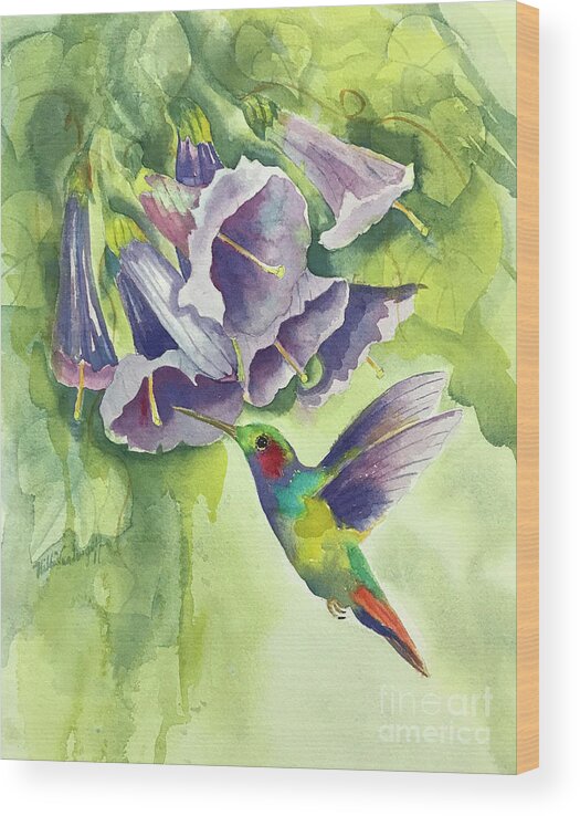 Hummingbird Wood Print featuring the painting Hummingbird and Trumpets by Hilda Vandergriff