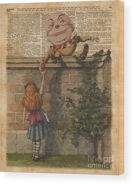 Humpty Wood Print featuring the digital art Humpty Dumpty Alice in Wonderland Vintage Dictionary Art by Anna W