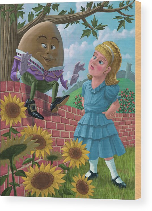 Humpty Wood Print featuring the painting Humpty Dumpty On Wall With Alice by Martin Davey