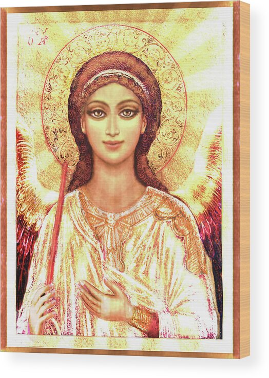 Christian Icons Print Wood Print featuring the mixed media Icon Angel in a white Halo by Ananda Vdovic