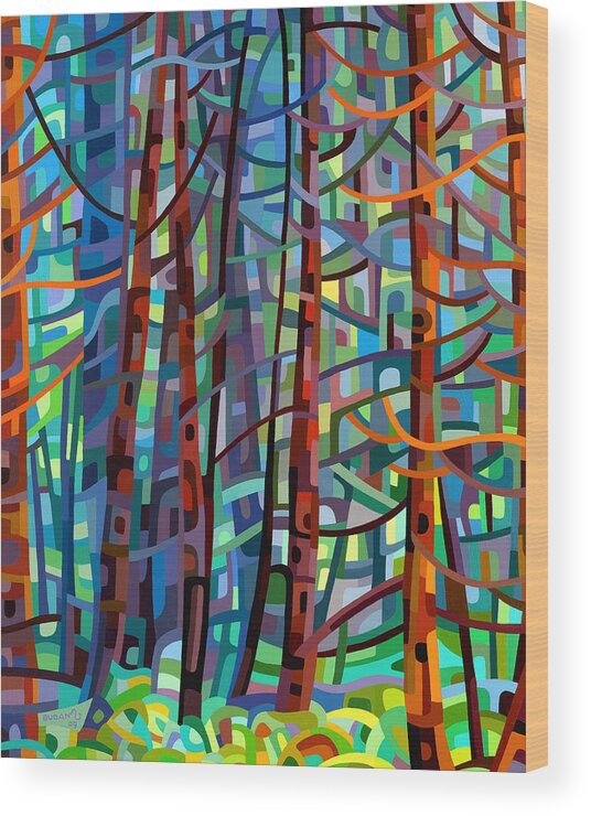 Abstract Wood Print featuring the painting In a Pine Forest by Mandy Budan