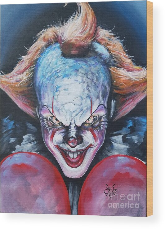 Pennywise Wood Print featuring the painting It's here by Tyler Haddox