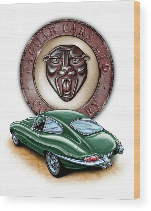 Jaguar Wood Print featuring the painting Jaguar XKE British Racing Green by David Kyte