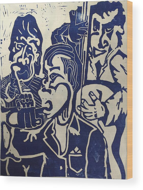 Trumpet Wood Print featuring the relief Jazz Trio by Jame Hayes