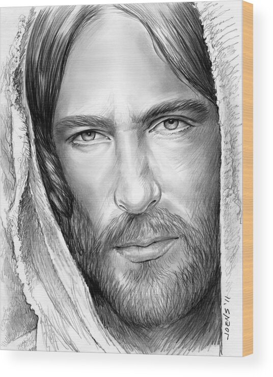 Jesus Wood Print featuring the drawing Jesus Face by Greg Joens