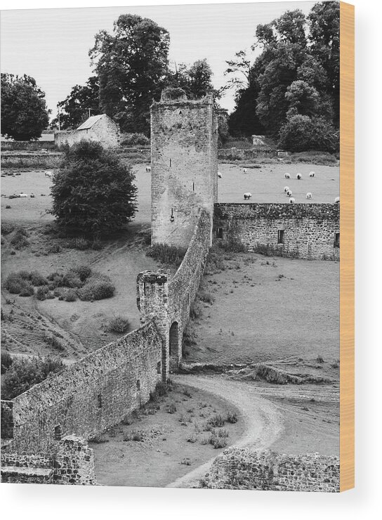 Kells Wood Print featuring the photograph Kells Priory Outer Wall Gatehouse and Fortified Tower County Kilkenny Ireland Black and White by Shawn O'Brien