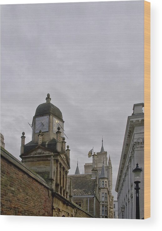Cambridge Wood Print featuring the photograph King college sundial clock tower. by Elena Perelman