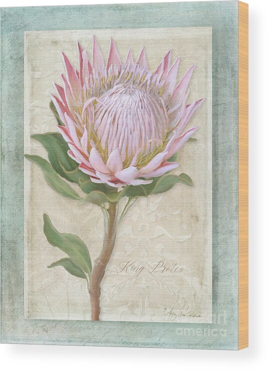 Botanical Floral Wood Print featuring the painting King Protea Blossom - Vintage Style Botanical Floral 1 by Audrey Jeanne Roberts