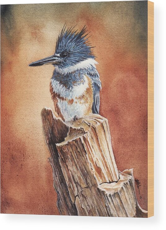 Bird Wood Print featuring the painting Kingfisher I by Greg and Linda Halom