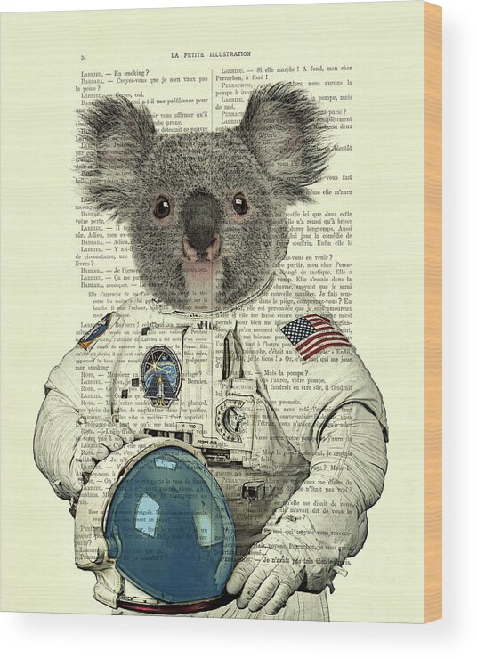Astronaut Wood Print featuring the digital art Koala in space illustration by Madame Memento