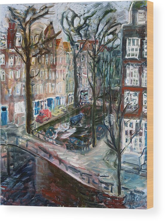  Old Amsterdam Canal Trees Boats Houses Wood Print featuring the painting Kromboom Sloot by Joan De Bot