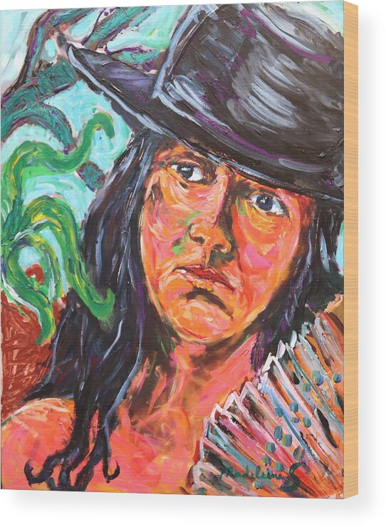 Portrait Wood Print featuring the painting Lady in black hat by Madeleine Shulman