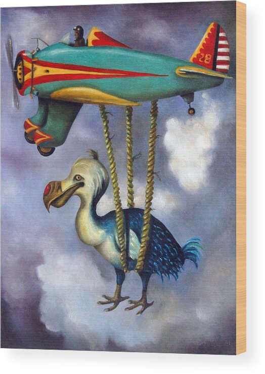 Dodo Bird.peashooter Plane.airplane Wood Print featuring the painting Lazy Bird by Leah Saulnier The Painting Maniac