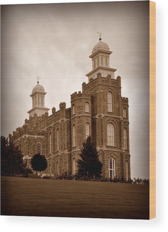 Lds Wood Print featuring the photograph LDS Temple Logan Utah Sepia by Nathan Abbott