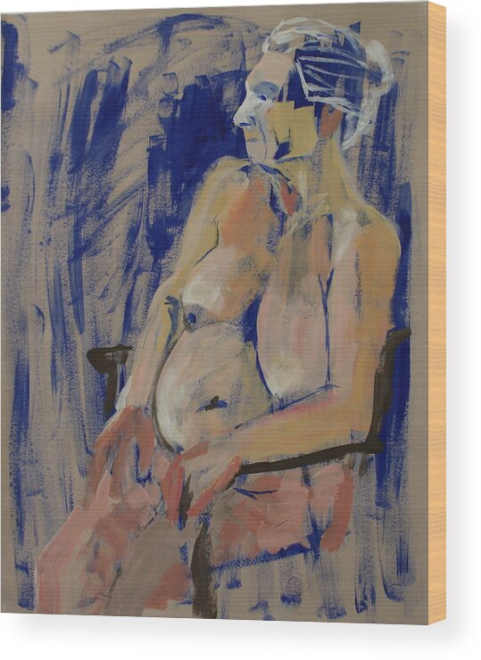 Nudes Wood Print featuring the painting Lesley on blue by Joanne Claxton
